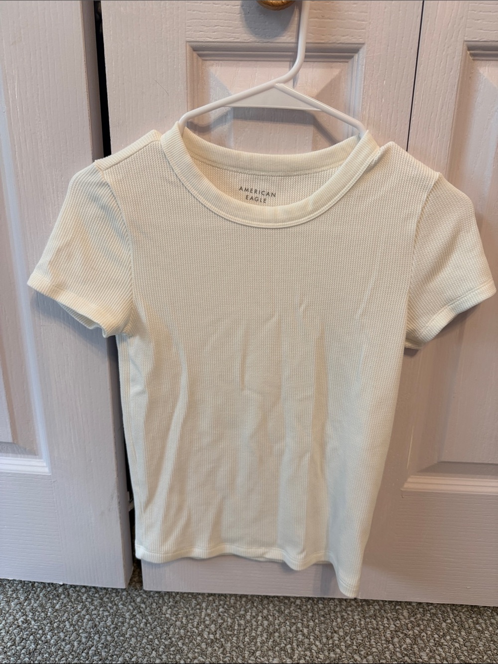 American Eagle Outfitters Cream Ribbed Short Sleeve Top